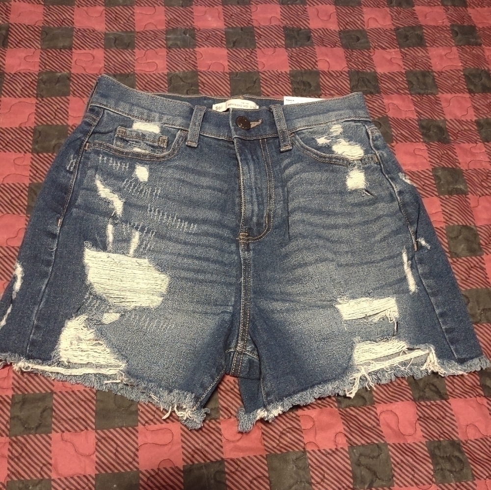 Women's SO high rise Jean denim destroyed distressed midi shorts sz 3 new